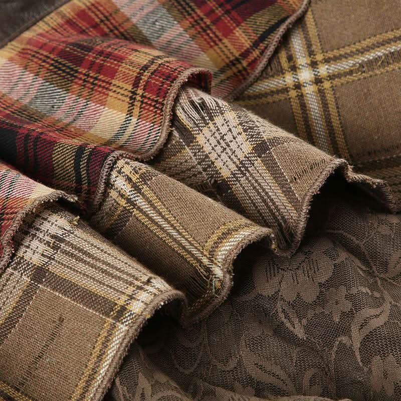 PU leather plaid patchwork belt lace hem mini skirt