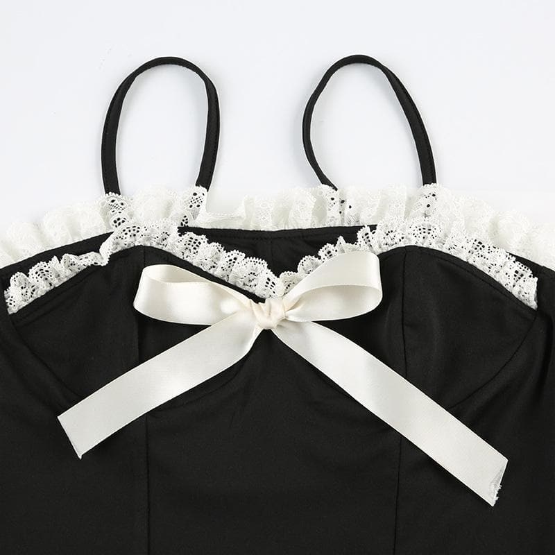 Lace hem ruffle bowknot contrast cami top