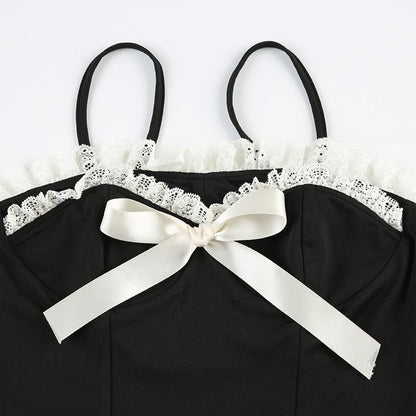Lace hem ruffle bowknot contrast cami top