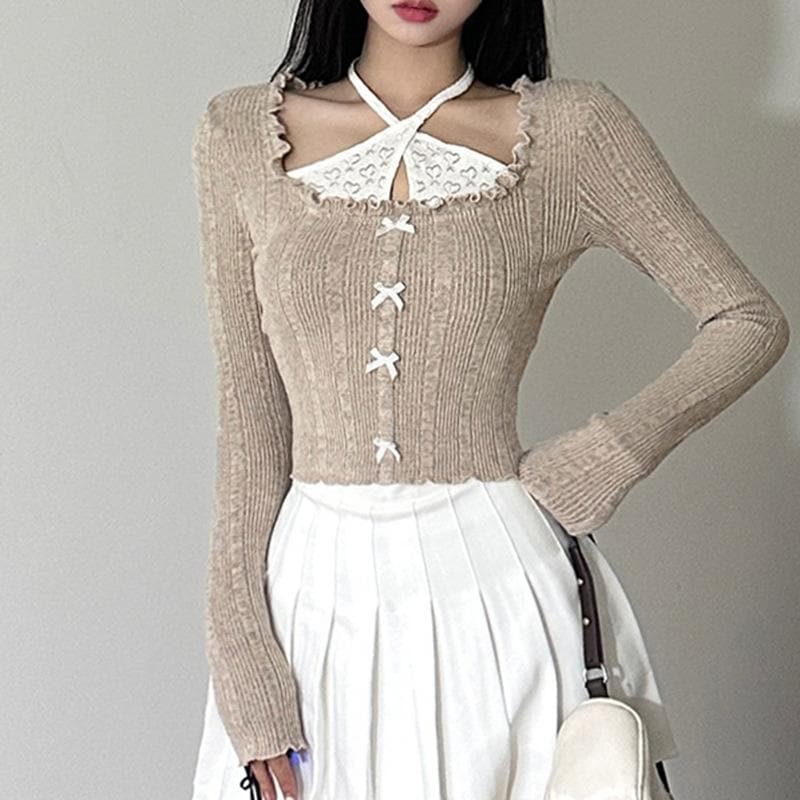 Bowknot contrast halter patchwork ruffle long sleeve top