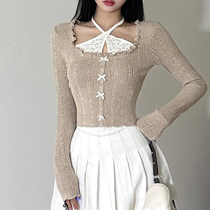 Bowknot contrast halter patchwork ruffle long sleeve top
