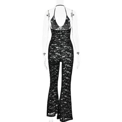 Halter lace lace up see through jumpsuit