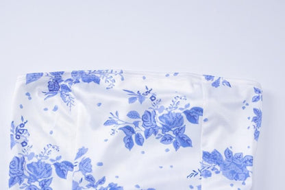 Print ruffle ruched high slit tube maxi dress