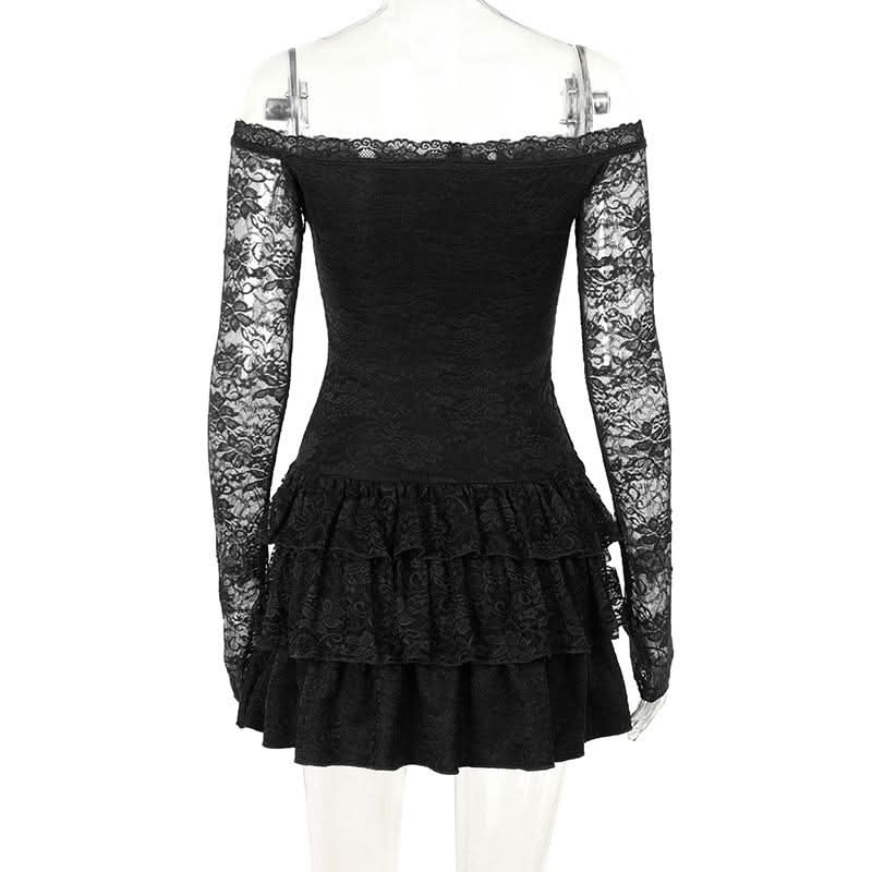 Long sleeve off shoulder lace ruffle mini dress