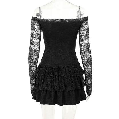Long sleeve off shoulder lace ruffle mini dress