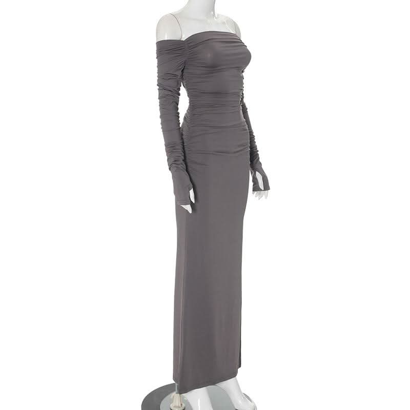 Off shoulder long sleeve slit ruched maxi dress
