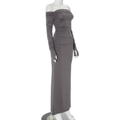 Off shoulder long sleeve slit ruched maxi dress
