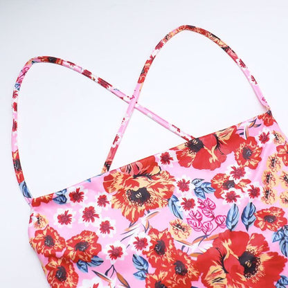 Cross back self tie flower print cami maxi dress