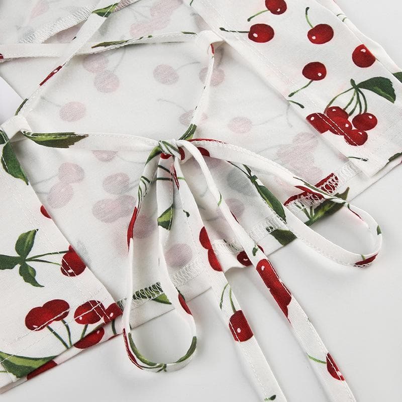 Cap sleeve u neck cherry print lace up top