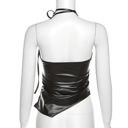 Self tie halter backless irregular PU leather square neck top