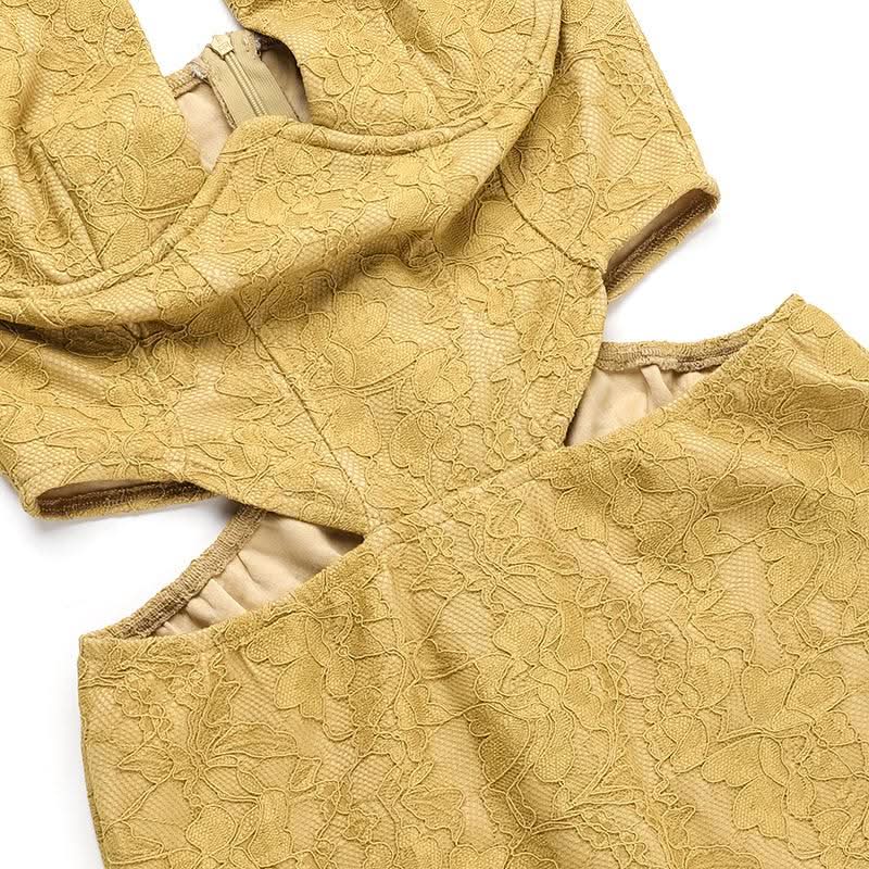 Halter self tie hollow out slit zip-up lace cut out maxi dress