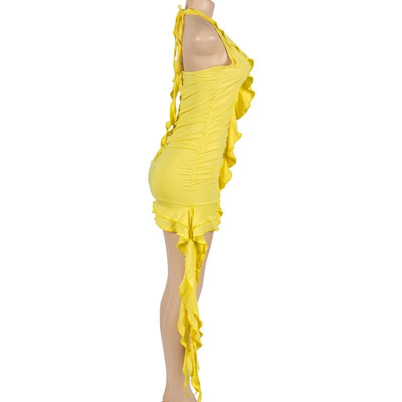 Self tie halter ruffle ruched v neck ribbon backless mini dress
