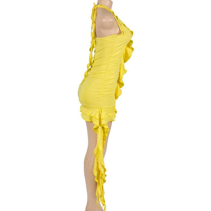 Self tie halter ruffle ruched v neck ribbon backless mini dress