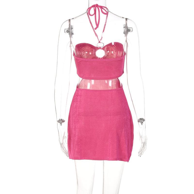 Halter O-Ring Cutout Side Waist Textured Bodycon Mini Dress