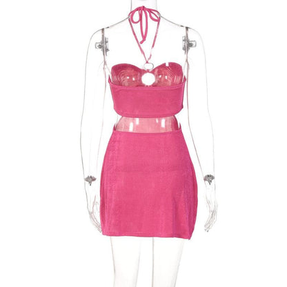 Halter O-Ring Cutout Side Waist Textured Bodycon Mini Dress