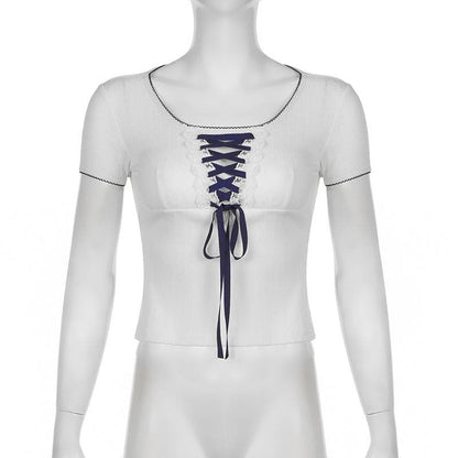 Short sleeve lace up textured lace hem top
