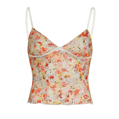 V neck mesh bowknot print cami top