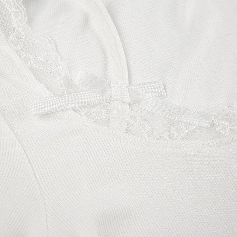 Short sleeve lace hem ribbed bowknot button crop top