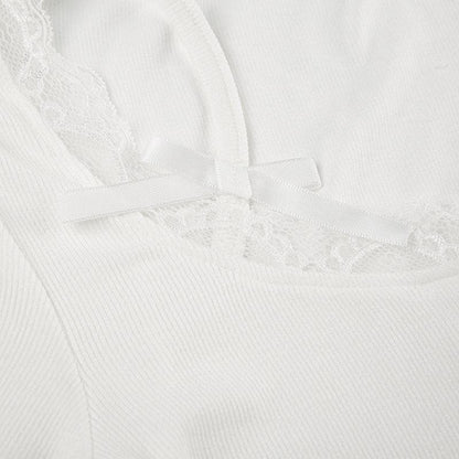 Short sleeve lace hem ribbed bowknot button crop top