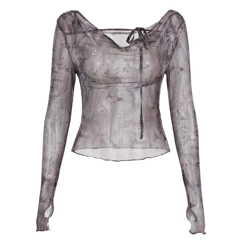 Long sleeve butterfly print mesh self tie top