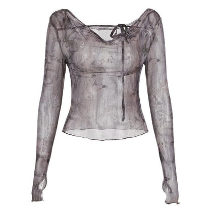 Long sleeve butterfly print mesh self tie top