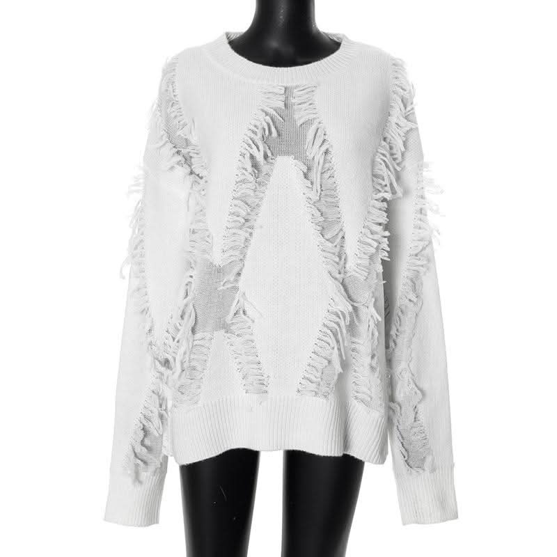 Long sleeve crewneck tassels knitted top