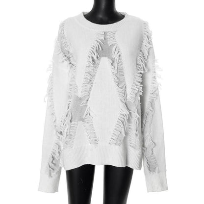 Long sleeve crewneck tassels knitted top