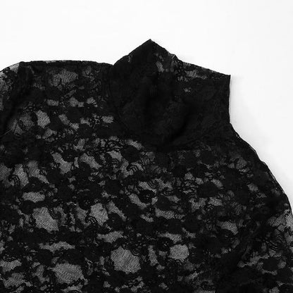 High neck long sleeve lace mini skirt set