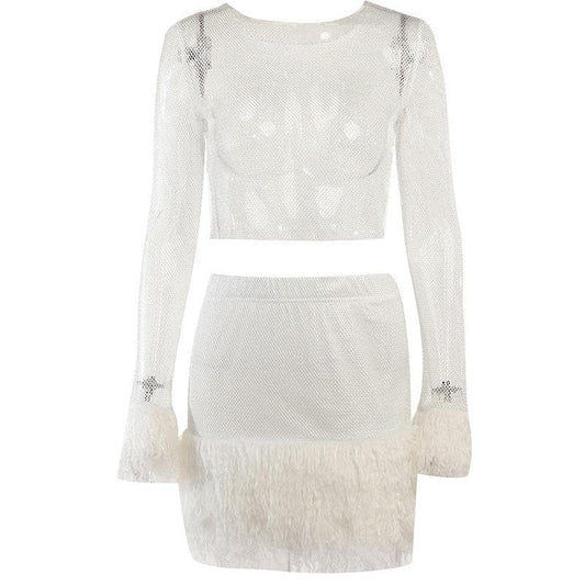 Feather long sleeve fishnet see through solid mini skirt set