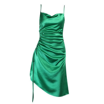 Cowl neck slit satin ruched midi dress