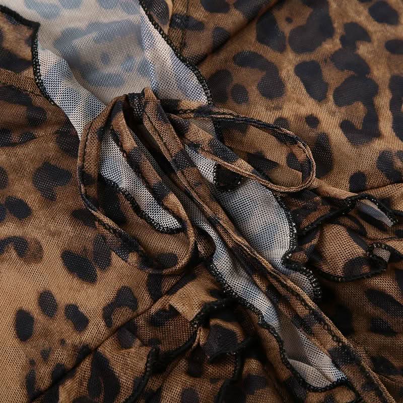 Leopard print long flared sleeve mesh ruffle self tie top