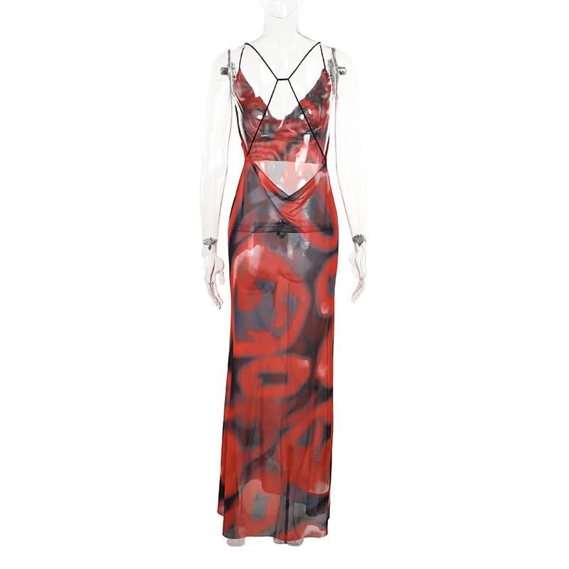 Cowl neck sheer mesh print spaghetti strap maxi dress