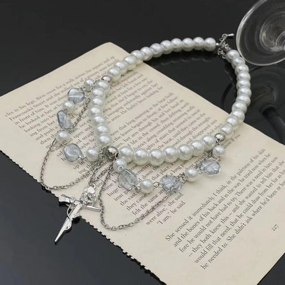 Rose cross pendant faux pearl choker necklace