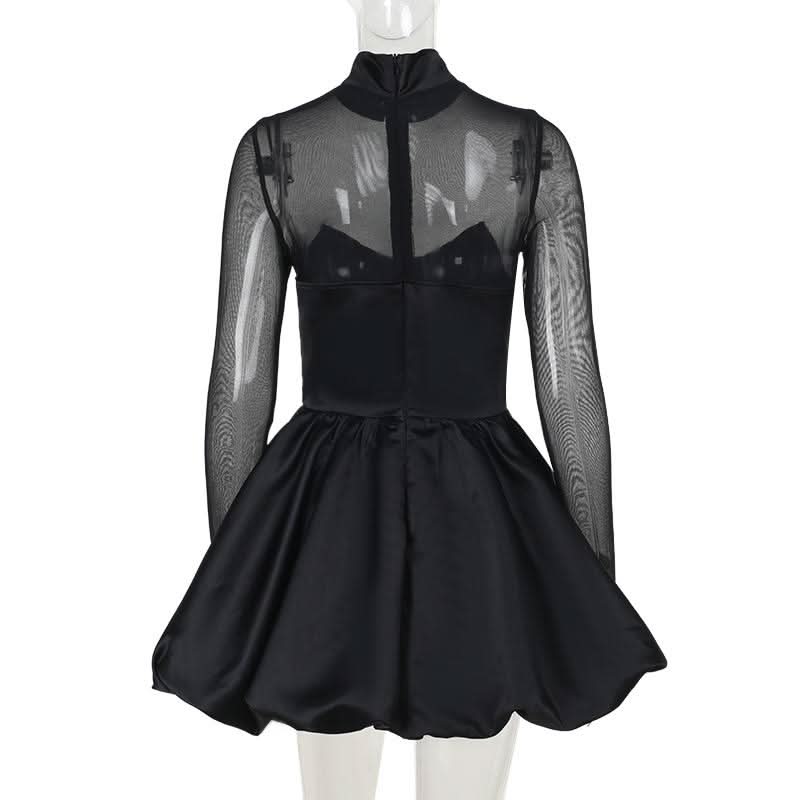 Long sleeve high neck zip-up mesh patchwork mini dress