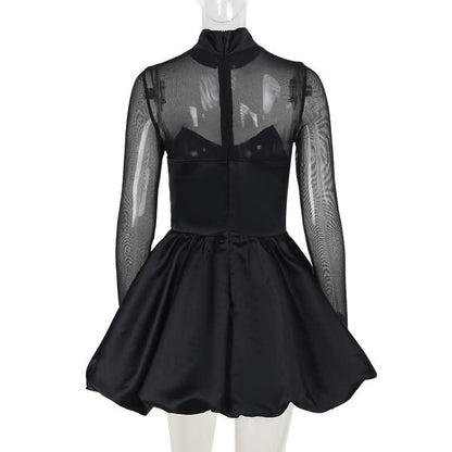 Long sleeve high neck zip-up mesh patchwork mini dress