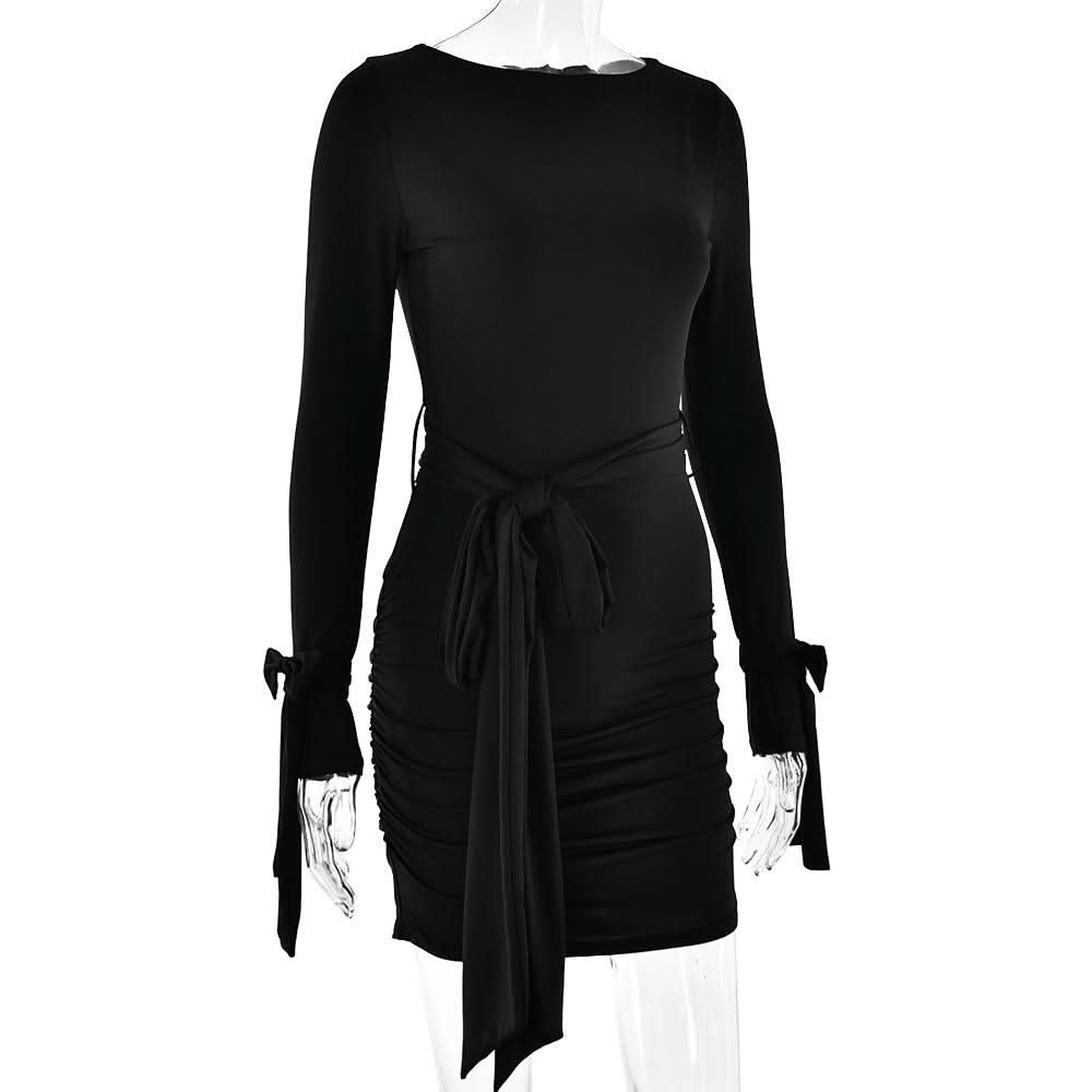 Long sleeve bowknot ruched knotted mini dress