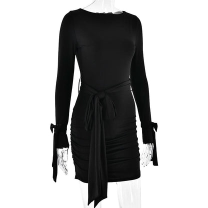 Long sleeve bowknot ruched knotted mini dress