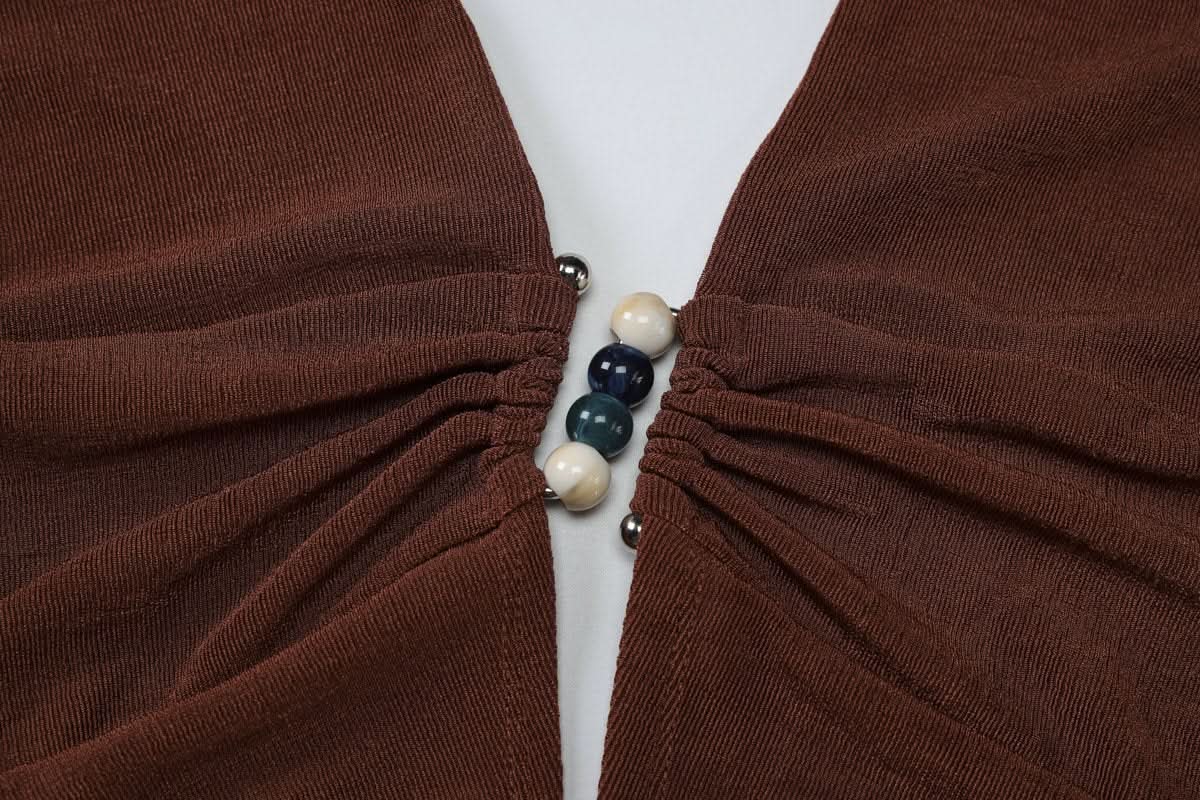 Halter deep V neck beaded ruched slit top