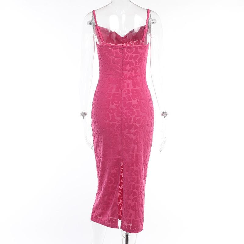 Sweetheart Neck Spaghetti Strap Embossed Letter Texture Bodycon Midi Dress