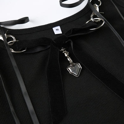 Bowknot ribbon heart applique ribbed crop top