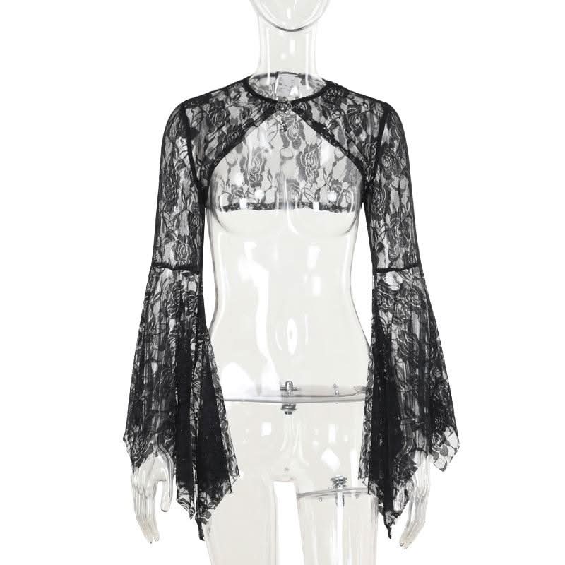 Long flared sleeve lace rhinestone applique shrug