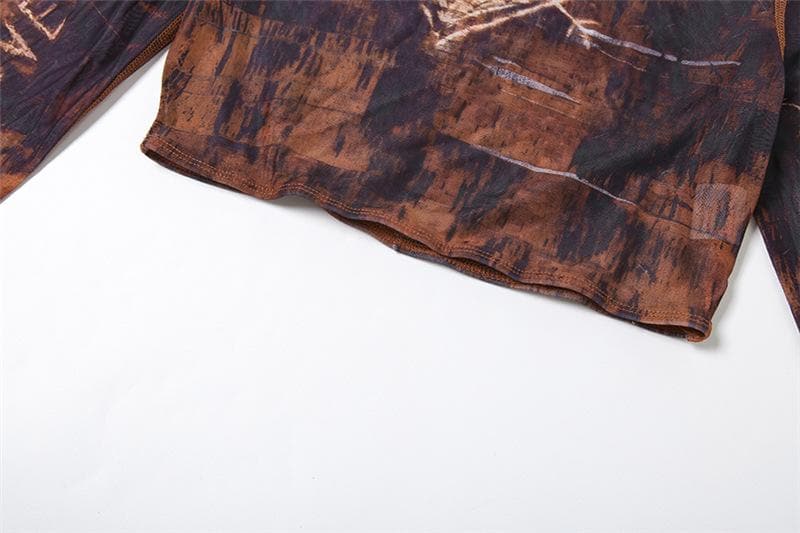 Long sleeve high neck print sheer mesh crop mini skirt set-final-sale