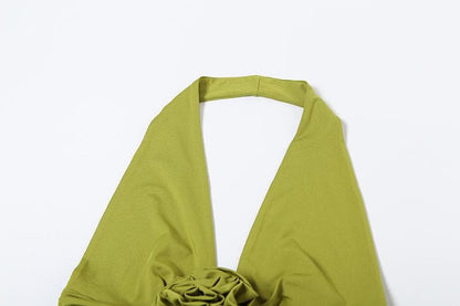 Halter v neck flower applique ruched high slit maxi dress