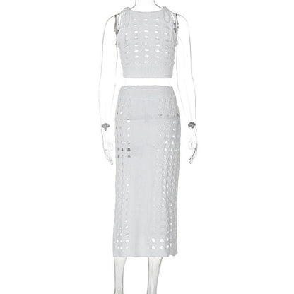 Knitted hollow out slit cami cut out midi skirt set