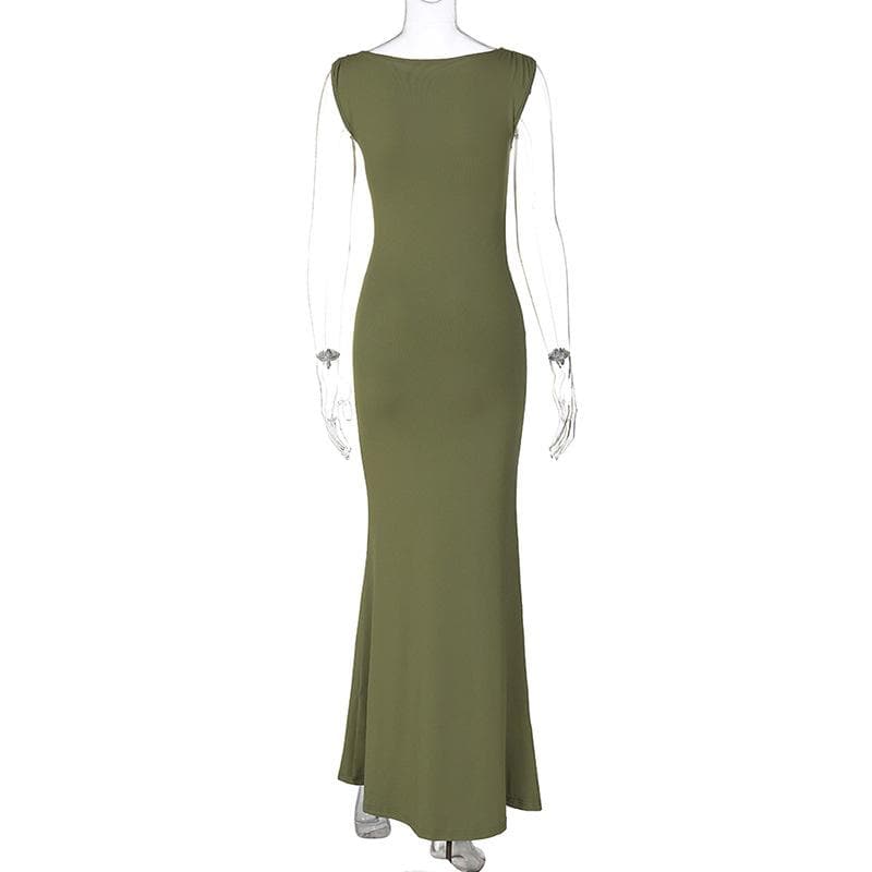 Sleeveless crewneck ruched solid maxi dress