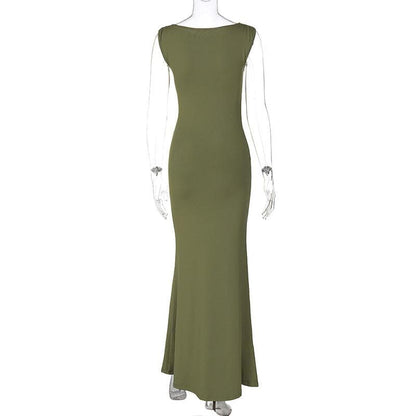 Sleeveless crewneck ruched solid maxi dress