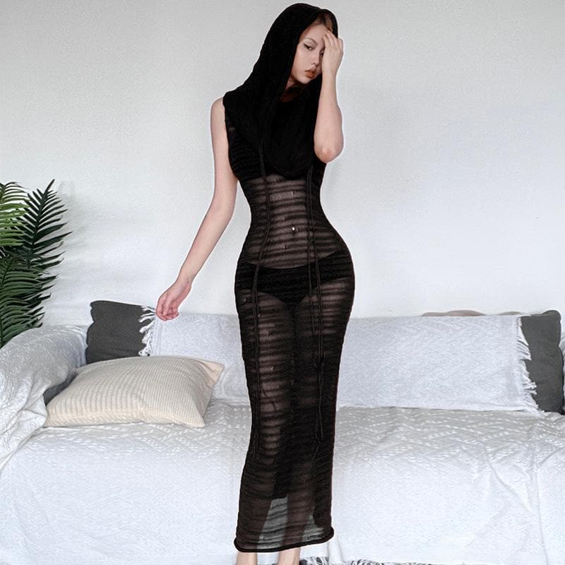 Crochet solid hoodie sleeveless see through maxi dress-final-sale