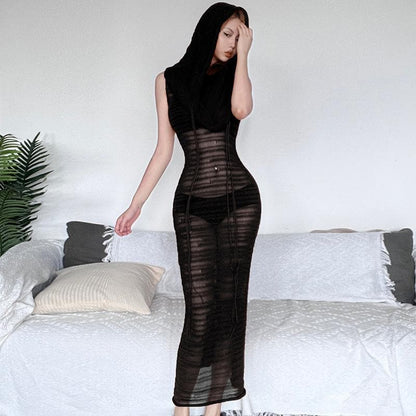 Crochet solid hoodie sleeveless see through maxi dress-final-sale