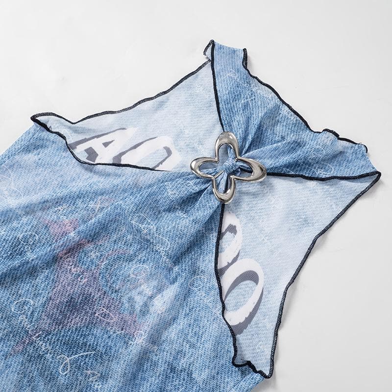 Ruffle butterfly print sheer mesh tank top