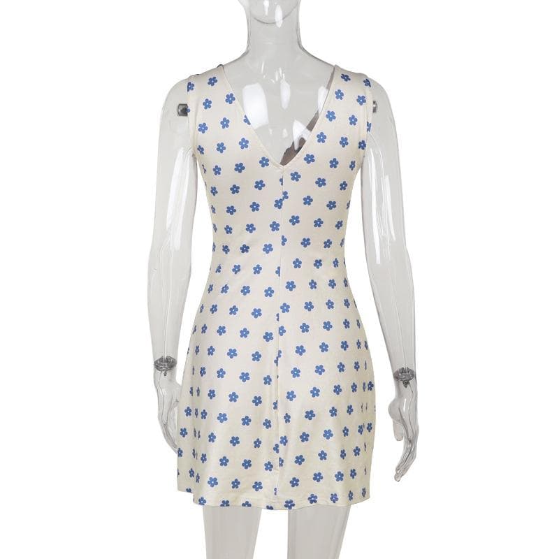 V neck sleeveless ruched flower print mini dress